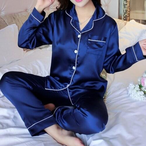 Women Pajama Sets Silk Satin Pijama -down Collar Sleepwear Long Sleeve Spring Nightwear Femme 2 Pieces Sets Homewear