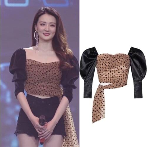 Chen Xu Liang Lu star same French square collar wave point chiffon shirt high end Pullover net short top female