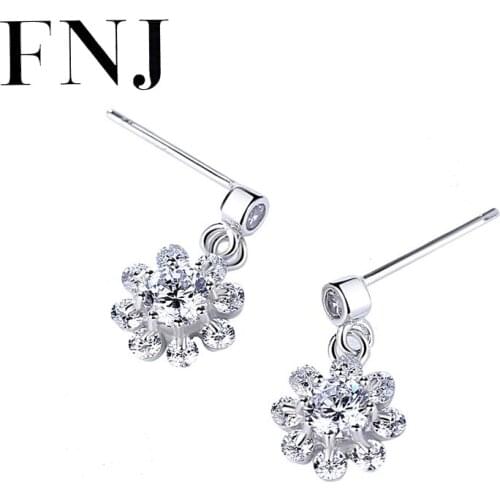 FNJ Flower Earrings 925 Silver Jewelry Original Pure S925 Sterling Silver Stud Earring for Women White Cubic Zircon