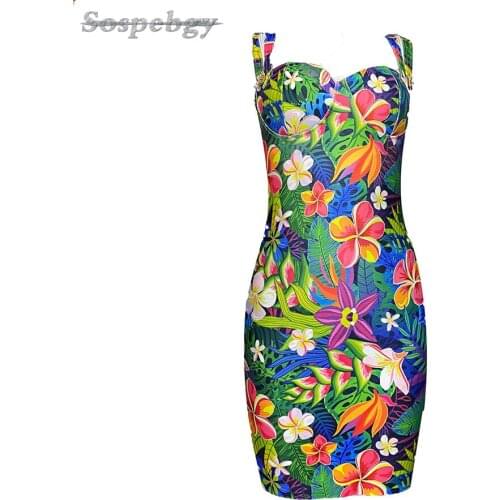 High Quality Women Floral Sling Bodycon Bandage Dress 2021 New Sleeveless Crystal Button Decoration Mini Sexy Club Party Dresses
