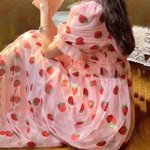 Sexy V-Neck Belt Strawberry Hot stamping Short Sleeve Party Mid-Length Dress Net Yarn Summer New WomenS Clothing