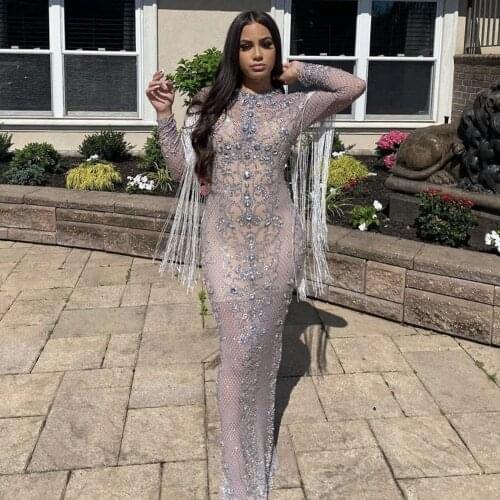 Sparkly Crystals Mesh Long Dress Women Evening Party Rhinestones Dresses Birthday Celebrate Outfit Long Sleeve Fringes Vestidos