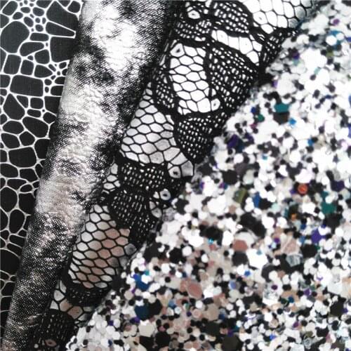 Black Chunky Glitter Leather Fabric Flowers Metallic Lace Synthetic Leather Fabric Sheets for BOWS DIY 21X29CM G503