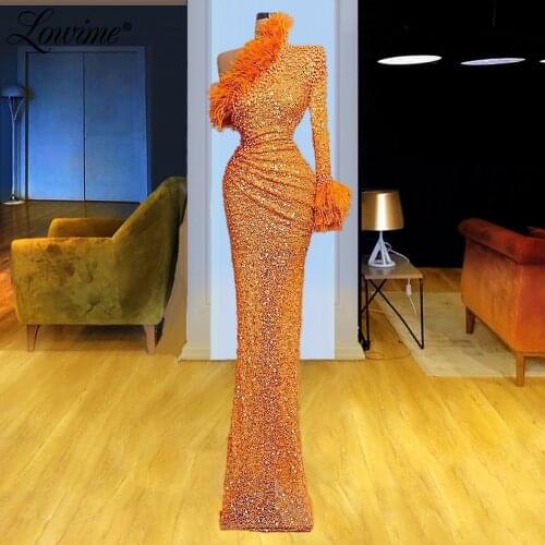 Feathers Long One Shoulder Evening Dresses Elegant Mermaid Arabic Evening Gowns For Women Beaded Celebrity Dresses Party Dress