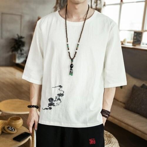 2021 Summer Chinese Style Shirt Tang Suit Embroidery Hanfu Men T-Shirt Black White Loose Cotton Linen Tshirt Han Fu Tops KK3733