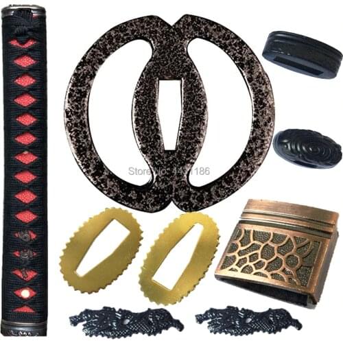 Nice Black Kirsite Sword Guard for Katana/Wakizashi/Tanto Accessory Set Tsuba+Menuki+Fuchi+Kashira+Handle+Habaki+Seppa