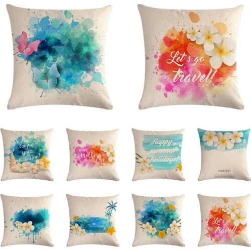 Watercolor Hello Summer Holiday Travel Blue Pillow Case Simple Cushion Cover Dot Striped Decor Living Room Office Couch ZY1166