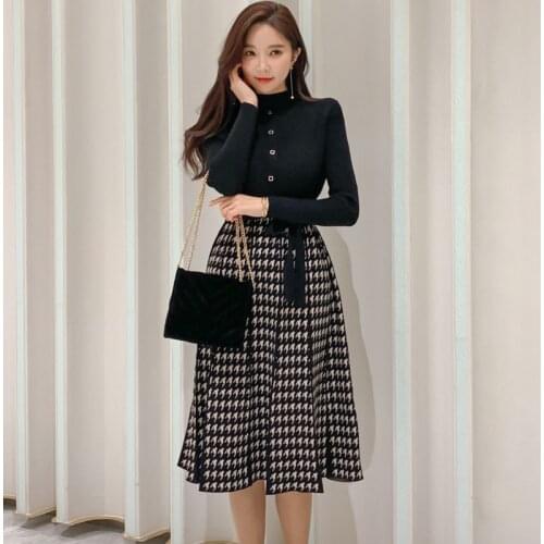 New arrival fashion knit elastic patchwork fresh dress women elegant work style sweet high quality cute warm a-line dress