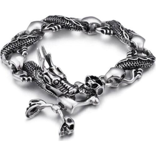 Punk Rock Bike Jewelry Dragon Head Bracelet 14mm Heavy Vintage Men Stainless Steel Mens Ghost Biker Skull Bracelets Bangle
