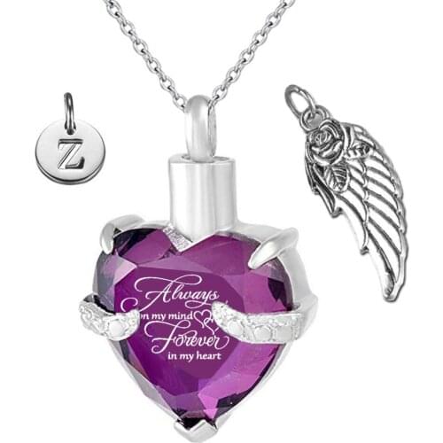 Angel Wings and 26 Letters Pendant Memorial Ashes Urn Pendant February Birthstone Crystal Keepsake Cremation Ashes Urn Jewelry