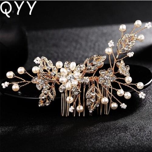 QYY Fashion Gold Color Flower Handmade Wedding Hair Clips Pins Headpiece Bridal Hair Accessories Jewelry Hair Comb