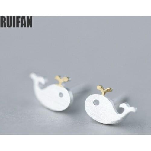 Ruifan Funny Whale/Dolphin 925 Sterling Silver Stud Earrings for Women Girls Cute Gold Color Small Earring Korean Jewelry YEA371