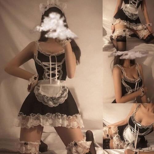 Sexy Lolita Spandex Maid Suit Cosplay Headwear Dress Apron Leg Loop Thong Wristband Uniform Dress Lingerie Costumes