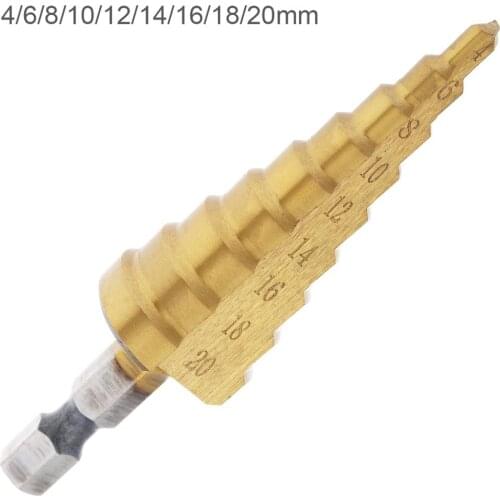 4-20mm 4241 HSS 9 Step Drill Bits Pagoda Cone Drill with 1/4" Hex Shank Titanium-plated Surface Treatment for Wood Drilling