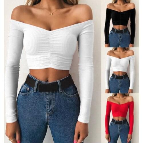 Autumn New Sexy Off Shoulder Women Long Sleeve T-Shirt Casual Pullover Tops Slim bodycon Fashion basic Shirt Crop Tops