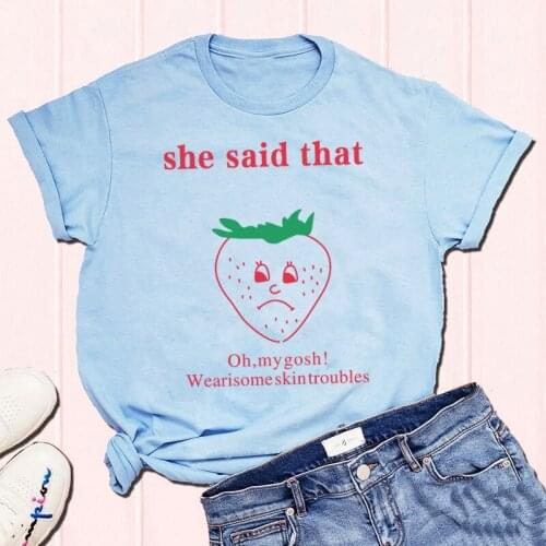 New Arrival Kpop Humor Strawberry Print Graphic Tshirt For Women Summer Cotton Street Style Loose Casual Top Harajuku Clothing