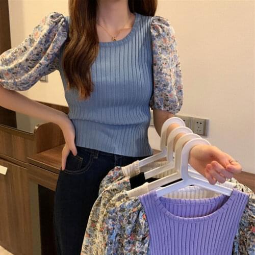 Woman TShirts Short Sleeve T-shirt 2021 Summer Puff Sleeve Knitted Patchwork Top Women Crop Top Mujer Camisetas