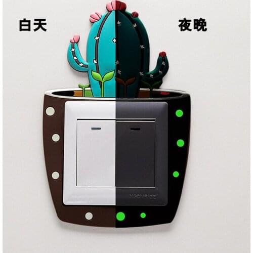 2PCS Luminous switch paste creative cartoon cactus switch cover switch decoration paste wall paste socket protective cover