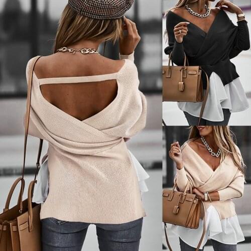 2021Sexy Women Spring Autumn T-Shirts for Streetwear Patchwork Design V-Neck Long Sleeve Backless Solid Color Slim Pullovers Top