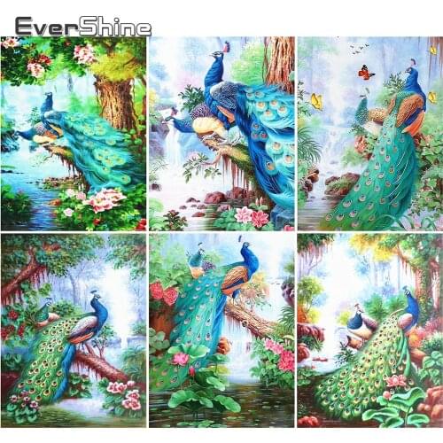 EverShine Diamond Painting Waterfall Cross Stitch Diamond Embroidery Animal Peacock Full Square Mosaic Rhinestones Handmade Gift