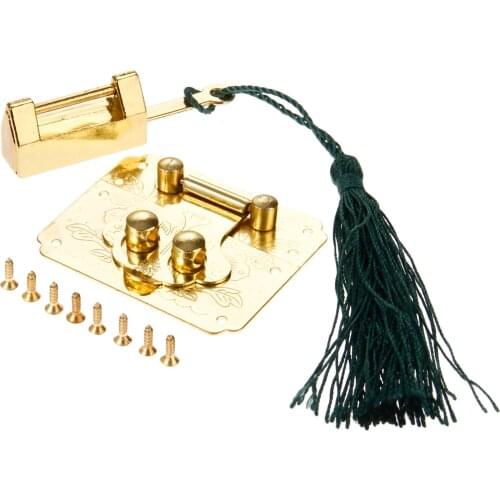 Antique Chinese Old Lock Wooden Box Gold Padlock with Vintage Box Latch Hasp Home Furniture Buckle Clasp Lock Hardware