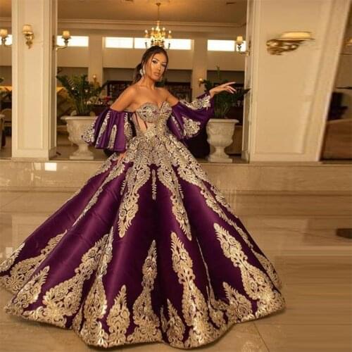 Purple Off Shoulder Ball Gown Moroccan Evening Dress Turkish Kaftan Party Dress Women Long Party Wear Appliques Queen Prom Gowns