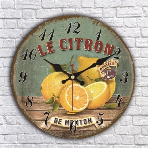 Vintage Wall Clock,Green LE CITRON DE MENTON Fruit Wall Watches Home Decor Farmhouse Kitchen Silent Round Wooden Wall Clocks