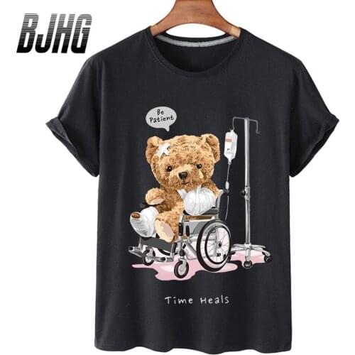 100% Cotton Wheelchair Bandage Bear Print Short-sleeved T-shirt Female Half-sleeved Summer Casual Oversized T-shirt Ladies Shirt