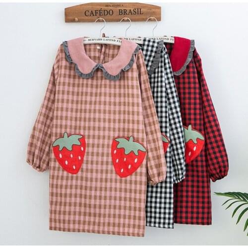 Strawberry Pattern Pocket Cotton Women Kitchen Apron Waterproof Oil-Proof Home Cooking Baking Pinafore House Cleaning Bib 46434