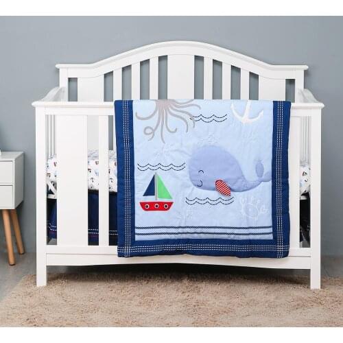 3pcs Cotton Nautical style Crib Bed Linen Baby Bedding Set embroidery Bed Sheet I Fitted Sheet, Crib Quilt, Dust Ruffle