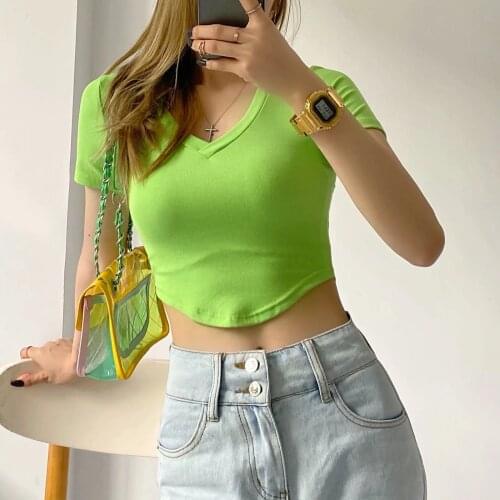 Summer Womens Cotton T-Shirt 2021 Green Black White Slim Bodycon Wrap Basic Solid Y2K E Girl Corset Short Sleeve Crop Top 90s