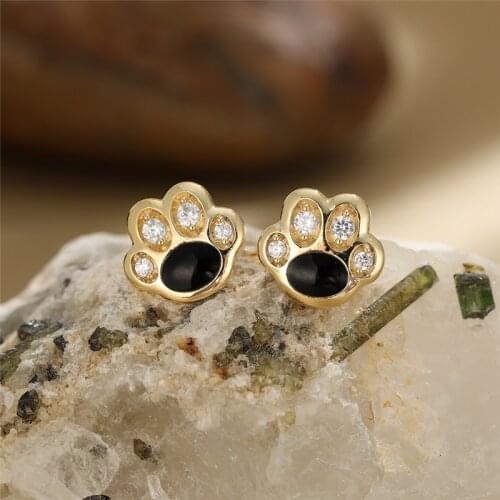 Minimalist White Zircon Small Stud Earrings Cute Cat Paw Dog Claw Earrings Vintage Gold Color Black Footprint Earrings For Women