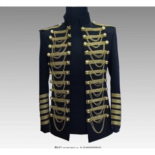 Mens Military Style Golden Metal Decoration Chorus Performance Suits Male Party Casual Suits Fashion Man Slim Fitting Blazer