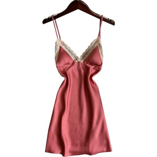 Summer Sexy Nightwear Silk Satin Underwear Sleeveless Nightdress Lace Sleep Dress V-Neck Lady Nighty Women Sleepwear Homewear