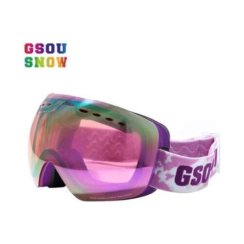 Women Double Layer Anti-Fog Purple Ski Goggles Big Spherical Anti-Uv Snowboarding Eyewear Glasses Can Stuck Myopic Lens