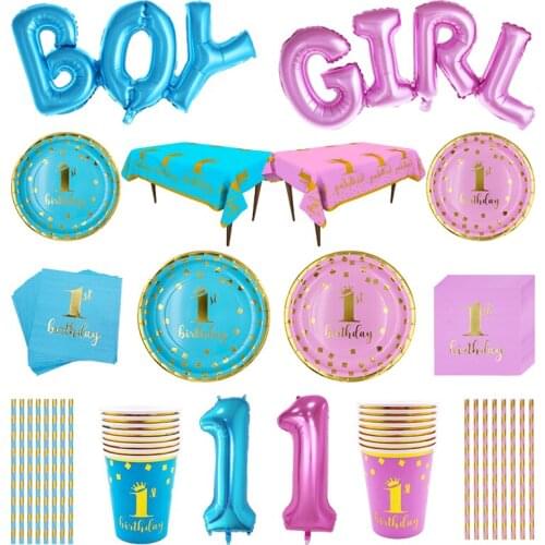 Pink Blue Baby Shower Disposable Tableware Boy Girl 1st Birthday Party Decor Kit Plate Cups Napkins Kids Birthday Party Supplies