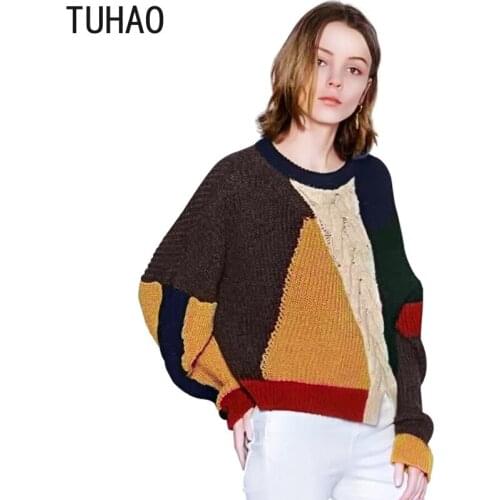 Fall Winter Color Patchwork Sweater Woman Loose Batwing Sleeve Knitted Pullover Tops Female Sueter Mujer Invierno TS528