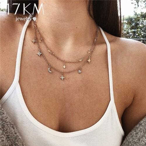 17KM Boho Star Moon Multi Layer Pendant Necklace for Women 2018 Bohemian Flower Necklaces Vintage Fashion Collar Costume Jewelry