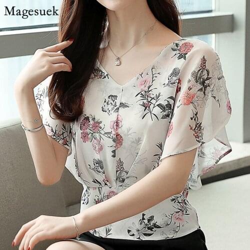 Casual Print Chiffon Shirt Tops Casual Plus Size New Summer Blouse Women V-neck Ruffles Short Sleeve Ladies Blouses Blusas 8836