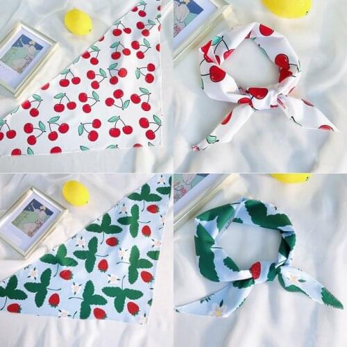 Women Fashion Hair Tie Band Decorative Chiffon Head Wrap Stripe Cute Cherry Avocado Kerchief Neck Elegant Triangle Scarf 33x85cm