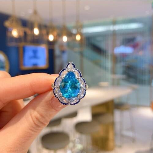 QTT Hot Sale Water Drop Design Women Ring Blue Crystal Zircon Elegant Bridal Wedding Engagement Jewelry Ring for Lover 10*14