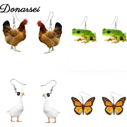 Donarsei Cute Print Animal Acrylic Earrings For Women Funny Hen Frog Goose Butterfly Drop Dangle Earrings Novelty jewelry