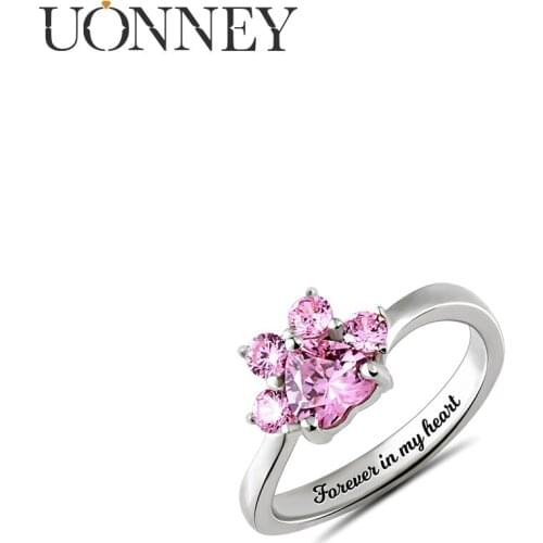 UONNEY Wholesale Customized Pet Paw Birthstone 925 Sterling Silver Ring Friends Memorial Engraved Jewelry Original Gift 2021