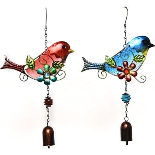 Bird-shaped Wind Chimes, Colored Painting Hummingbird Wind-bell for Outdoors, Tangerine/ Blue