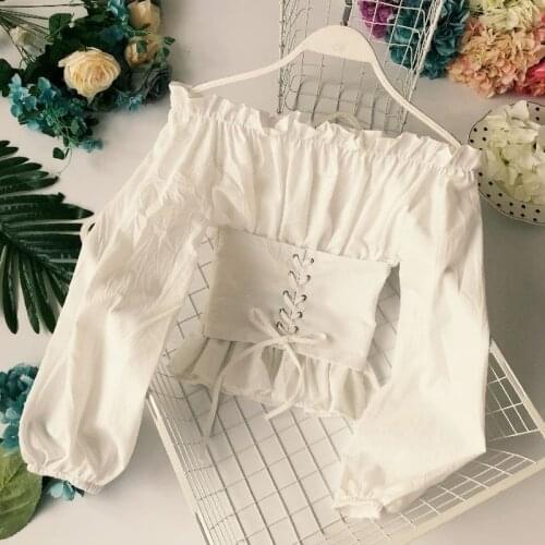 Vintage Slash Neck Women Blouse Summer New 2021 Long-Sleeved Bandage Slim Short Empire Solid Female Pulls Tops