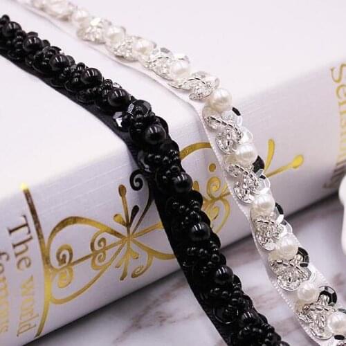 Pearl Rhinestone Gold White Beaded Lace Trim Vintage Mesh Fabric Paillette Sequin Chemical Lace Wedding Dress Dentelle Applique