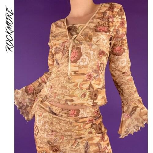 Rockmore Vintage Print Crop Top Women Flare Sleeve T-shirt y2k Aesthetic Retro Tie Up V-neck Tee Streetwear Fairy Grunge Clothes