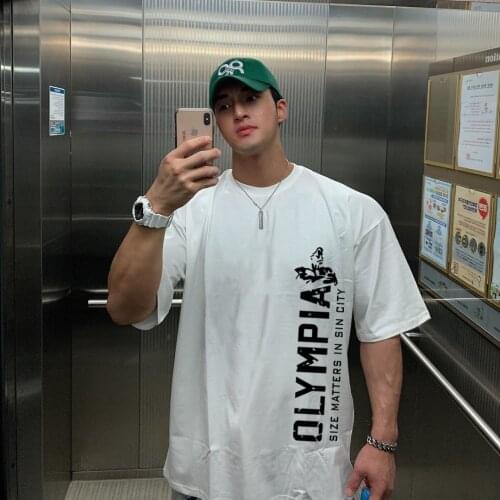 2021 Summer Men Oversized cotton Tshirt crossfit Gym Bodybuilding Fitness Loose Sportswear casual T-shirt Streetwear Koreantops