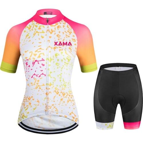 2021XAMA PRO White Pink Womens Short Sleeve Cycling Jersey Sets Professional Clothing Conjunto Feminino Ciclismo Maillot Mujer