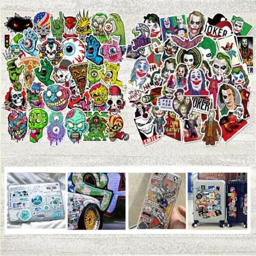 50pcs Horrible Skull&Clown Stickers Cool Fun Spoof Sticker Toys For Motorcyle Skateboard Bike Suitcase Waterproof Stickers